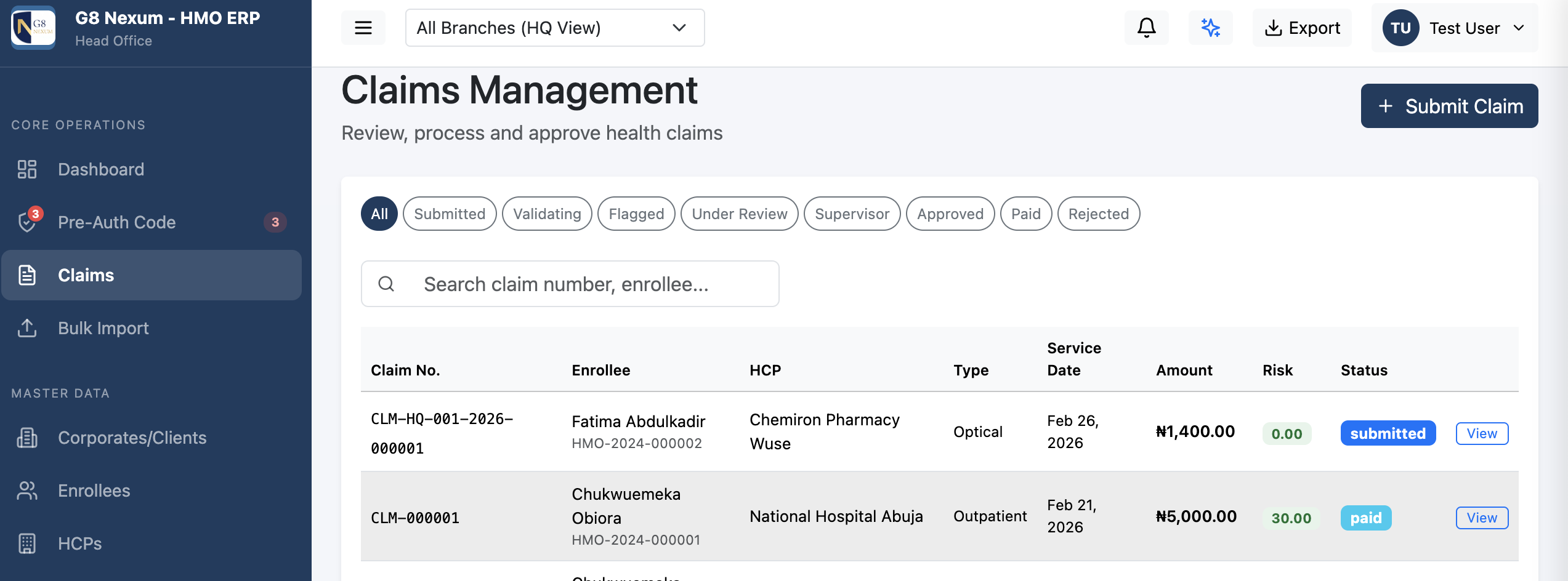 G8 Nexum claims list showing claim rows with Pending,  
                        Approved, and Rejected status badges, fraud score      
                        column, HCP name, ₦ amount, and action buttons