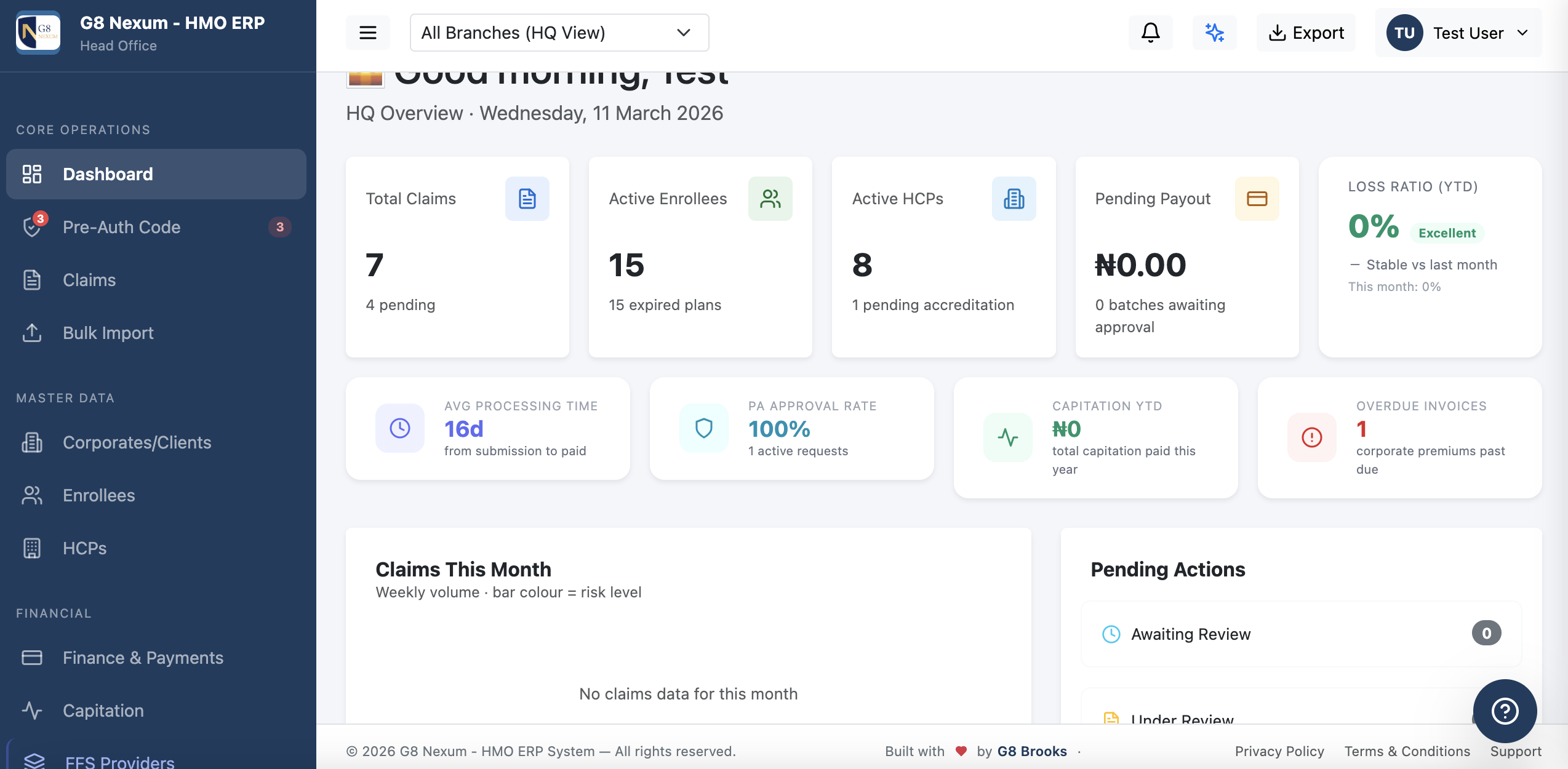 G8 Nexum main dashboard showing claims summary StatCards,
                      HCP count, total paid this month, fraud alerts, and      
                      recent activity feed