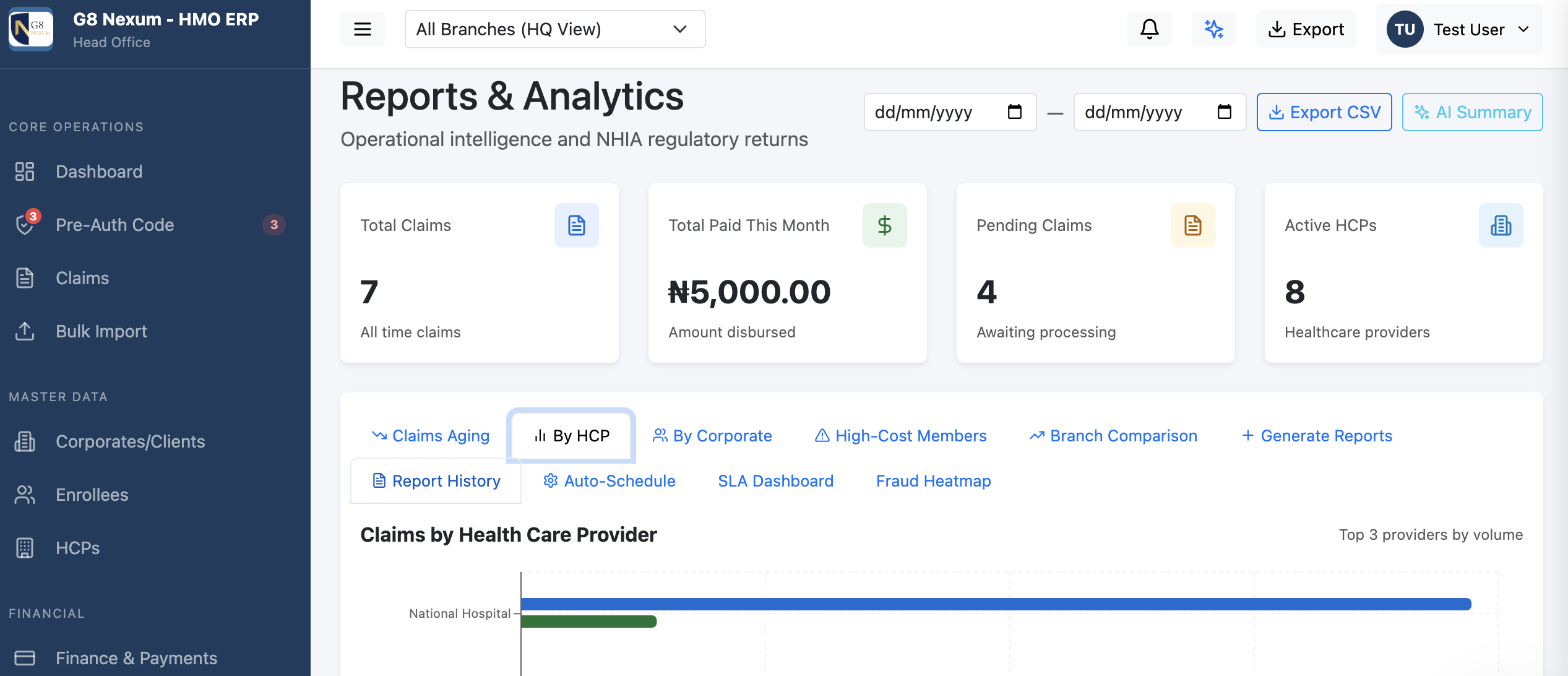G8 Nexum reports page showing claims analytics StatCards, 
                    claims aging table, and the AI Summary side panel open    
                    with executive brief and 5 bullet insights