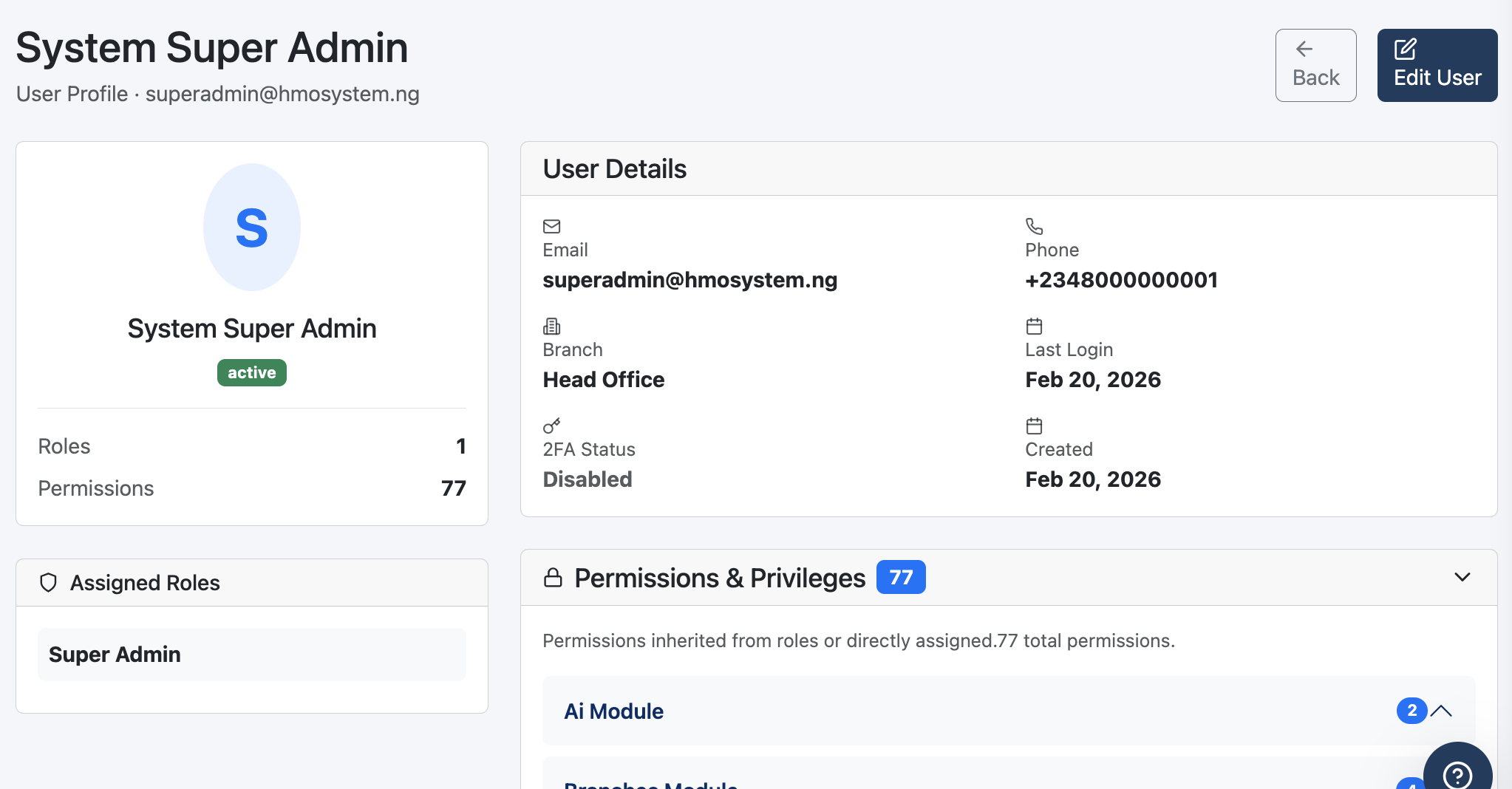 G8 Nexum user management page showing user list with   
                       role badge pills (Admin, Claims Officer, Finance        
                       Officer), branch assignment, active/suspended status,   
                       and role assignment panel